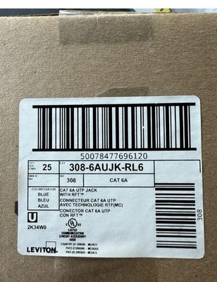 25/Box Leviton Cat 6A JACK  308-6AUJK-RL6 RJ6 BLUE 10 Gigabit Keystone