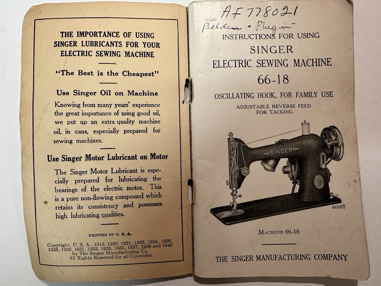 Vintage 1940 Singer Electric Sewing Machine 66-18 Instruction Manual