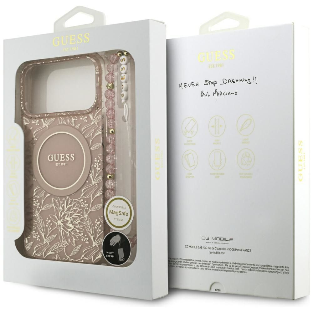 Guess IML Flowers Electro Pearl Strap MagSafe Case for iPhone 17 Pro Max Pink