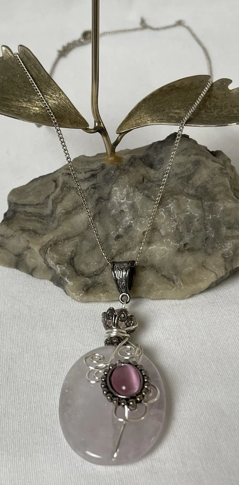 Collar Tono Plata Grueso Genuino Cuarzo Colgante Cadena Cable Foto 4 de 4