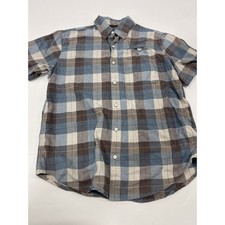 Grizzly Mountain Men's Short Sleeve Button Down Shirt, Plaid Blue Tan, Size M