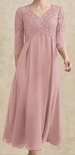 JJ's House Blush V-Neck Beading Lace Midi Dress Size 12 3/4 Sleeve