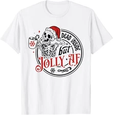 Retro Dead Inside But Jolly AF Skeleton Coffee Christmas T-Shirt S-3XL