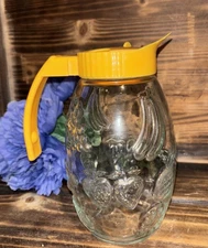 Solmaz Mercan Embossed Fruit Shapes Syrup / Juice Pitcher Yellow Vintage 7”