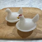 Vintage Chickens Hen On Nest Set 2 White Milk Glass 4.25”x3.75” Red Comb Chip