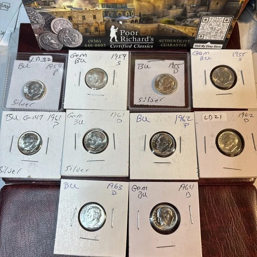90% Silver Dimes-Bullion Prices! 10 Diff BU as Shown .728 Oz Pure Silver! LD22