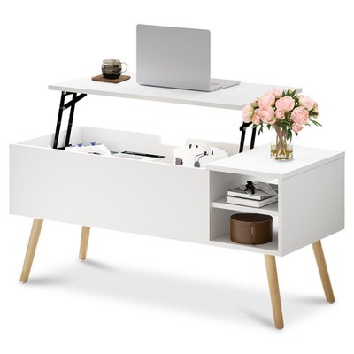 White Coffee Table Lift Top - Coffee Table with Solid Wood Legs, Storage Comp...