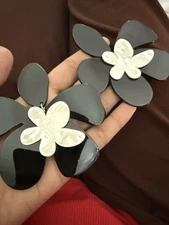Large Black White  Flower Earrings Floral  Chunky Statement  Big Oversized