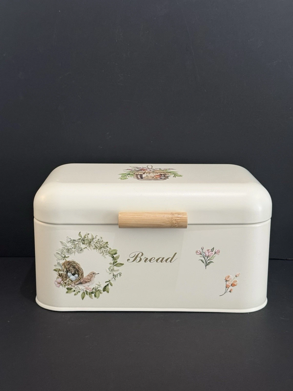 Farmhouse 12”L Beige Tin Bread Box w/Birds & Flowers