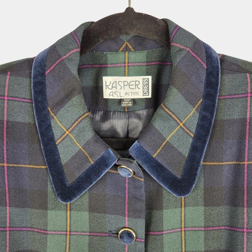 Vintage Kasper ASL Dress Womens 10P Green Navy Plaid Tartan Dress Velvet Trim - Image 3 of 4