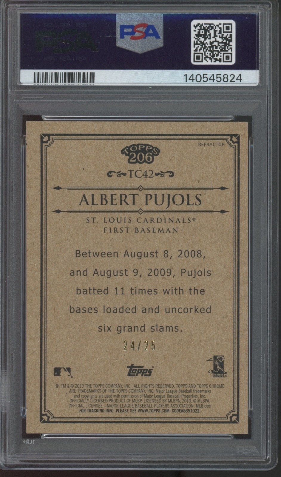2010 Topps Chrome 206 Red Refractor #TC42 Albert Pujols /25 Gem Mint PSA 10 view 2