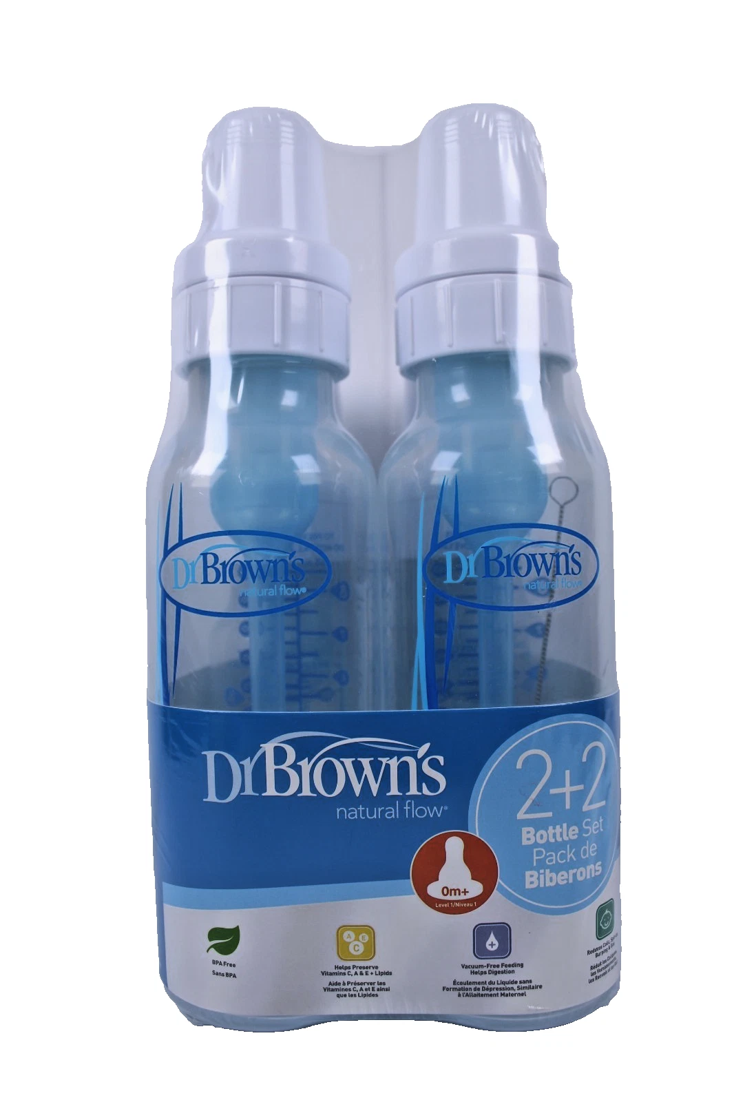Dr Brown's Natural Flow BPA Free 0m+ Level 1 BLUE 2+2 Bottles 4 Pack Set