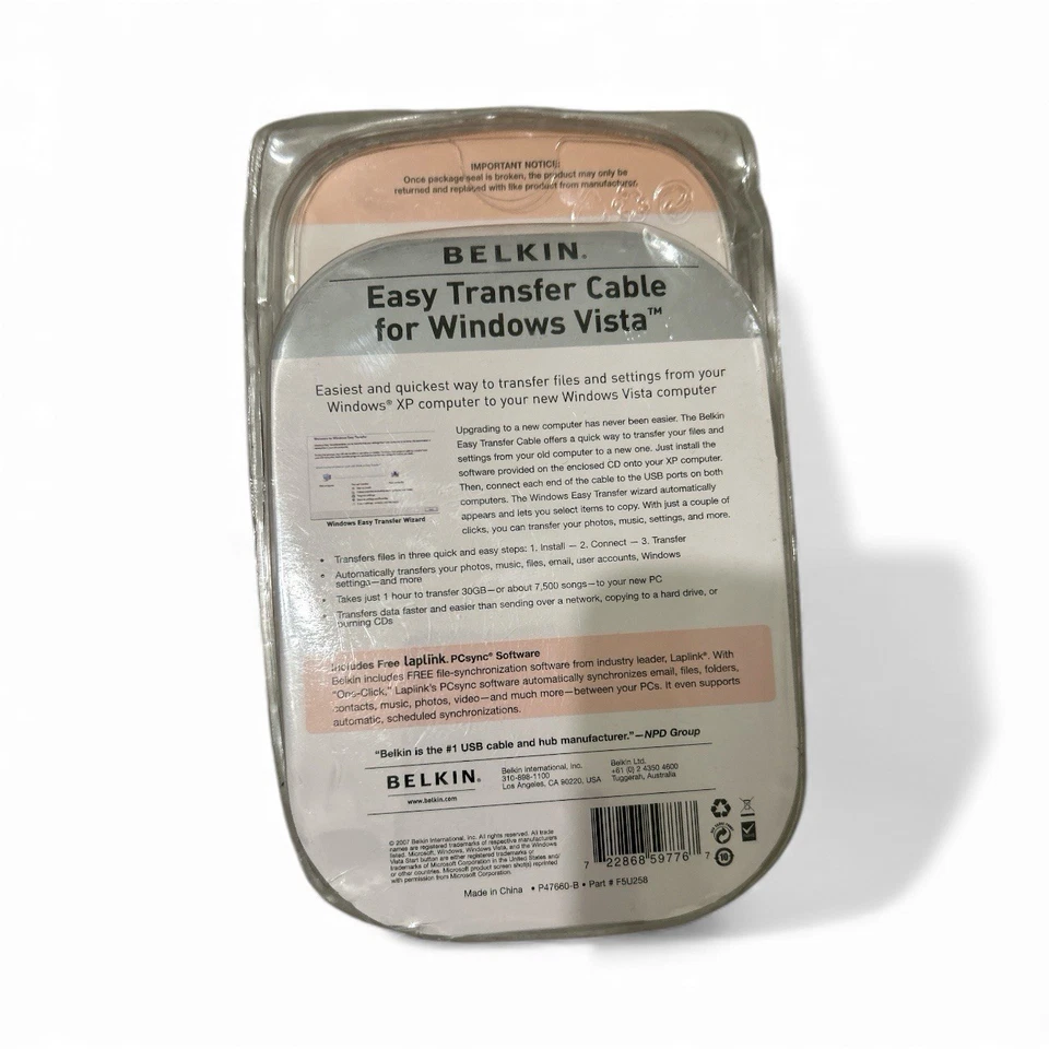 BELKIN EASY TRANSFER CABLE LAPTOP PC COMPUTER USB to USB SYNC FILES, NEW FACTORY - Image 2 of 3