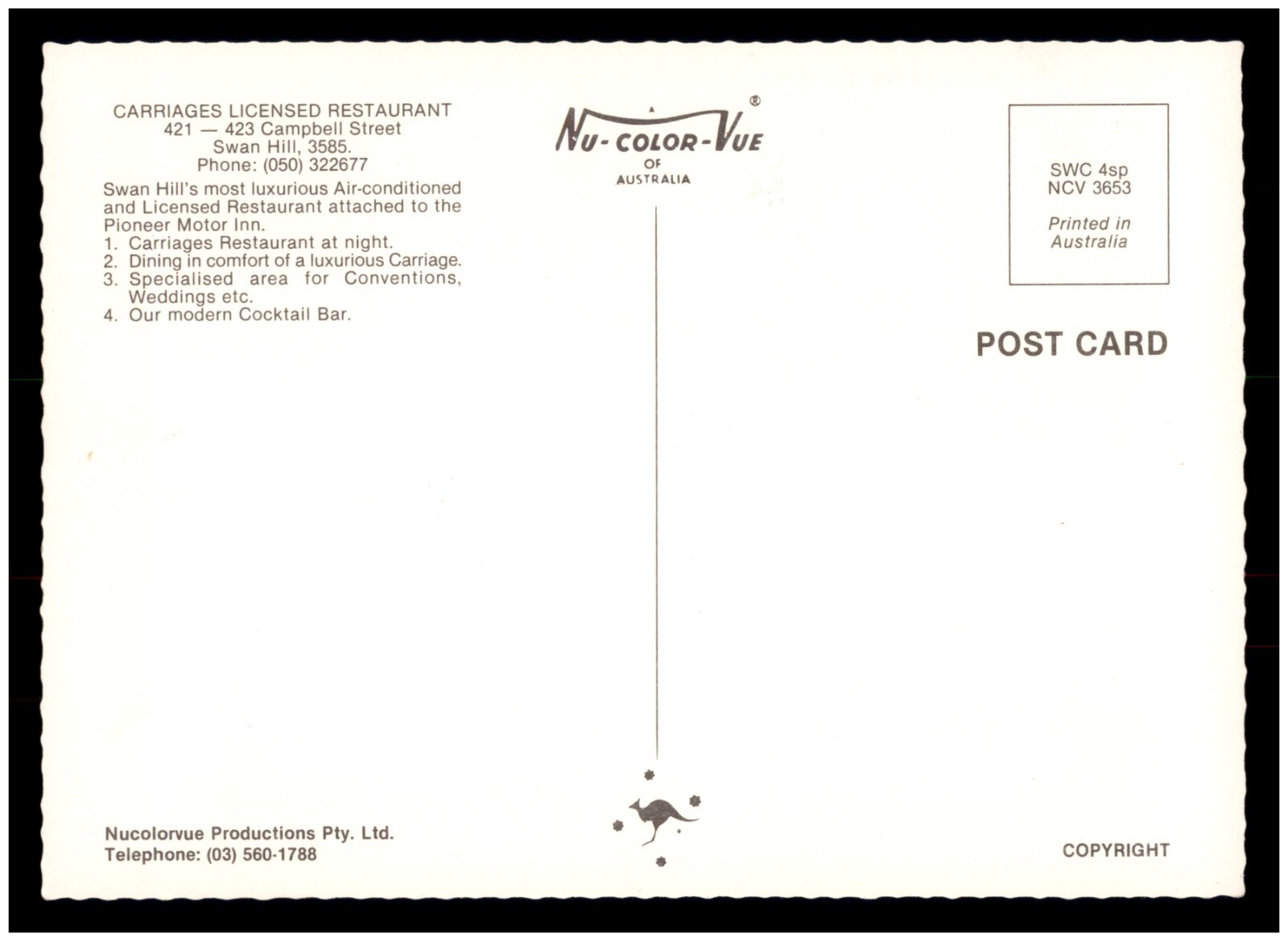 Postcard RPPC - Carriages Licensed Restaurant, Swan Hill, Victoria