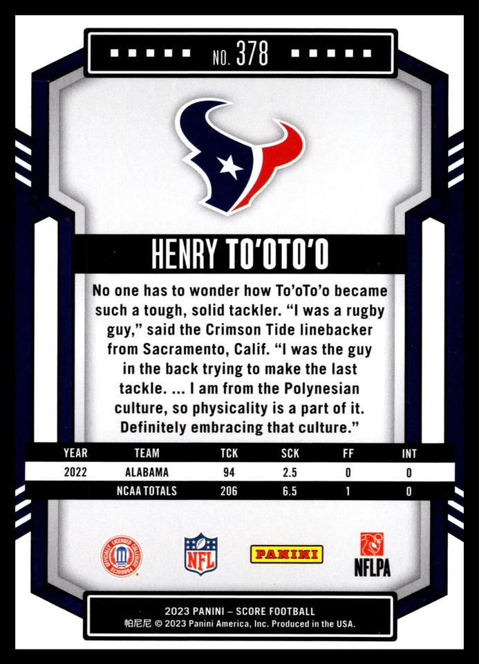 2023 Score #378 Henry To'oTo'o | eBay