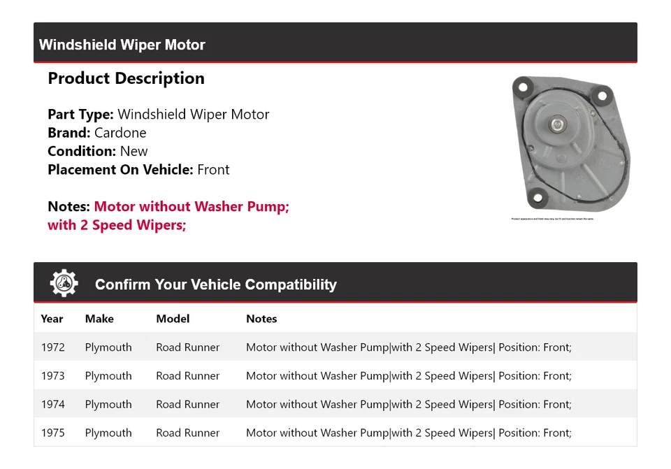 For 1972-1975 Plymouth Road Runner Windshield Wiper Motor Front Cardone 1973 - Image 2 of 4