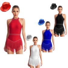 Womens Leotard With Hat Dress Ballroom Dancewear Gymnastics Costume Fringe Set