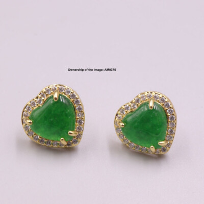 Handmade Heart Green Jade Earrings Stud Elegant Gold-Plated GP Earrings