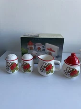 Vtg Cottage Ceramic Strawberry Set Sugar Salt And Pepper Shaker Cream Pitcher