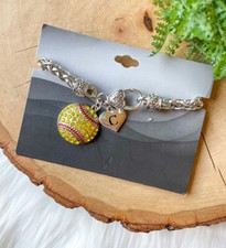 Softball Yellow Crystal Silver Ball Bracelet Jewelry Team Charm Initial C Bling