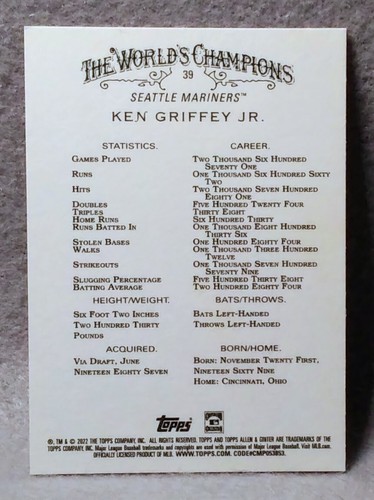 Ken Griffey Jr., 2022 Topps Allen & Ginter Base #39, Seattle Mariners - Bild 2 von 2