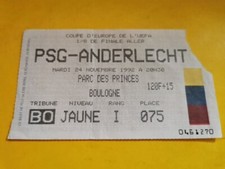 RARE ORIGINAL FOOTBALL PLACE TICKET  PSG / Anderlecht Le 24 Novembre 1992