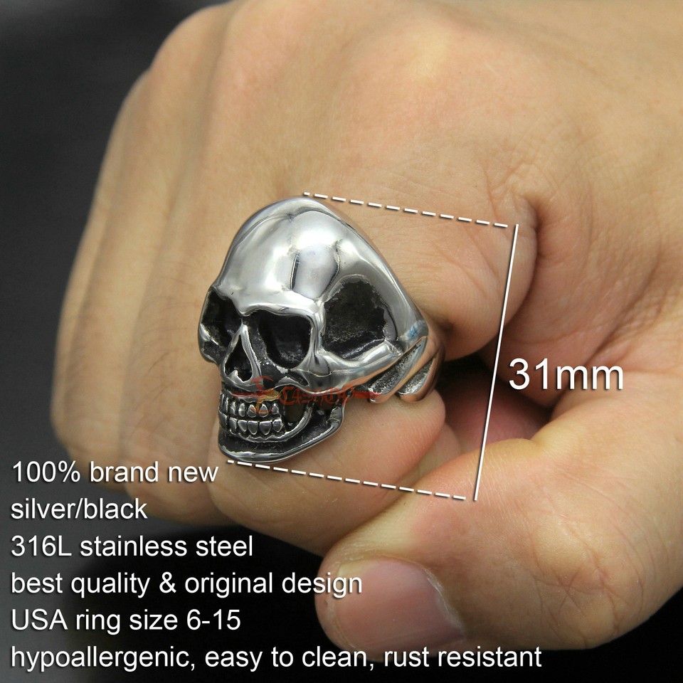 Biker Skull Ring - Polished .925 Sterling Silver Band, Sizes 5 To 12