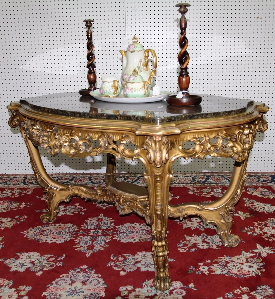 Mesa de centro francesa antigua tallada Luis XV dorada tapa de granito C1860 Foto 4 de 4