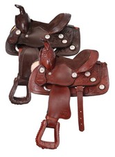 8" Miniature Horse Western Tooled Trail Saddle - Silver Conchos - Leather