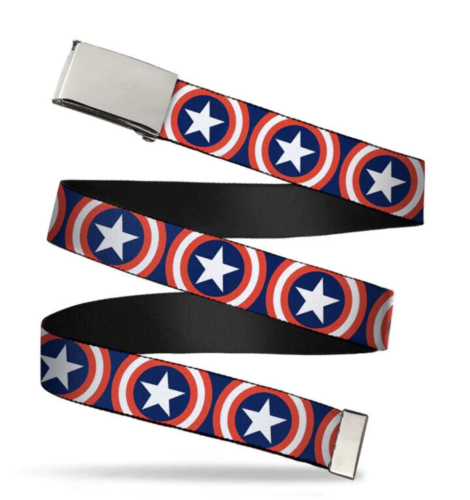 Buckle Down Chrome Buckle Mens Web Belt Captain America Shield Repeat WCA012 Mar - Picture 1 of 2