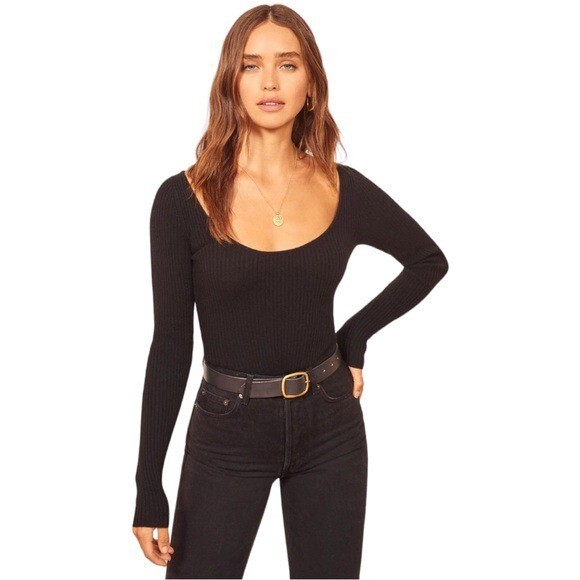 Reformation Deep Scoop Mia Ribbed Cashmere Sweater XL Black Soft Cozy Luxe  NWT | eBay