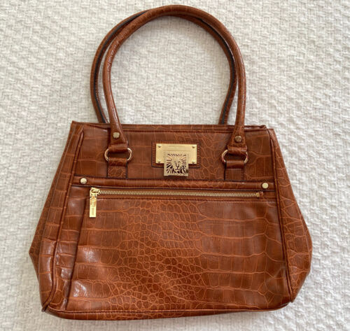 ANNE KLEIN Brown Faux Leather Croc Embossed Shoulder Bag Purse Handbag w Gold - Picture 1 of 11