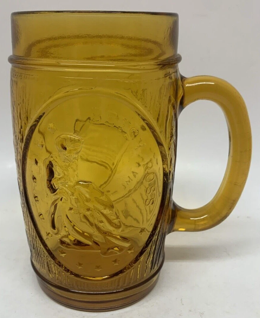VTG 5 3 8" 1776 1ST American Flag Betsy Ross Embossed Amber Glass Beer Mug GLASS