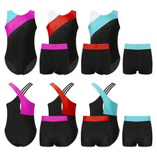 Kids Girls Shorts Unitards Dancewear Contrast Color Leotard Clothes Set Mesh