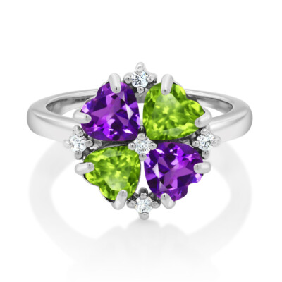 925 Sterling Silver Amethyst and Peridot Ring For Women (1.88 Cttw, Heart Shape
