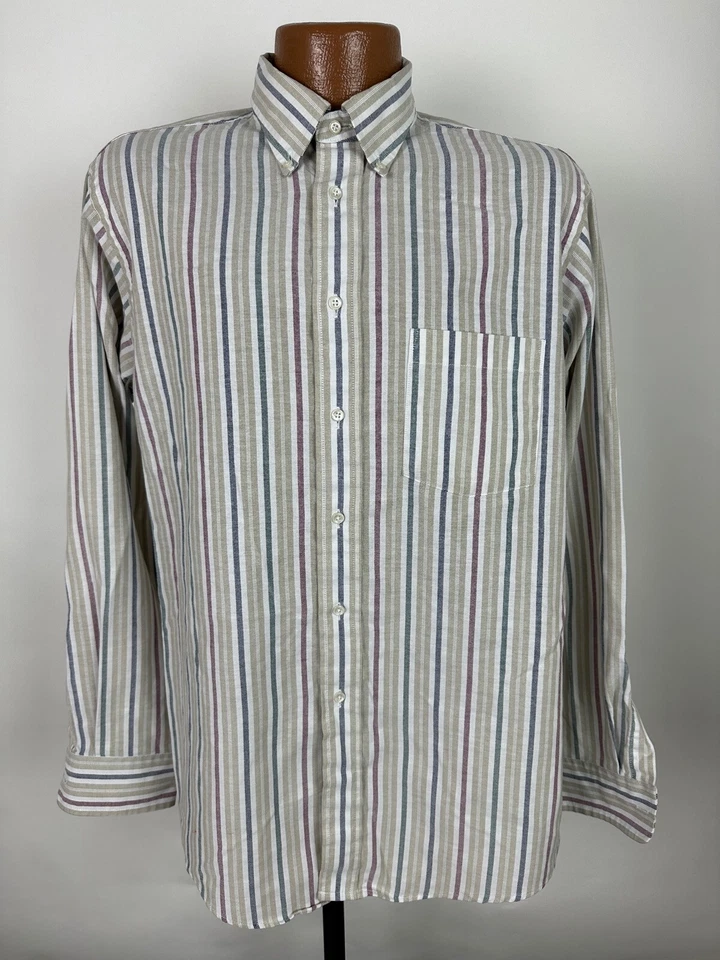 Vintage 80s Arrow Dover Chambray Shirt Men Large Beige Striped Long Sleeve USA - Image 3 of 4