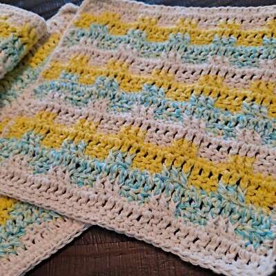 3 EXTRA Large | Cotton | Dishcloths | Cable Design | Cream, Turquoise, Yellow