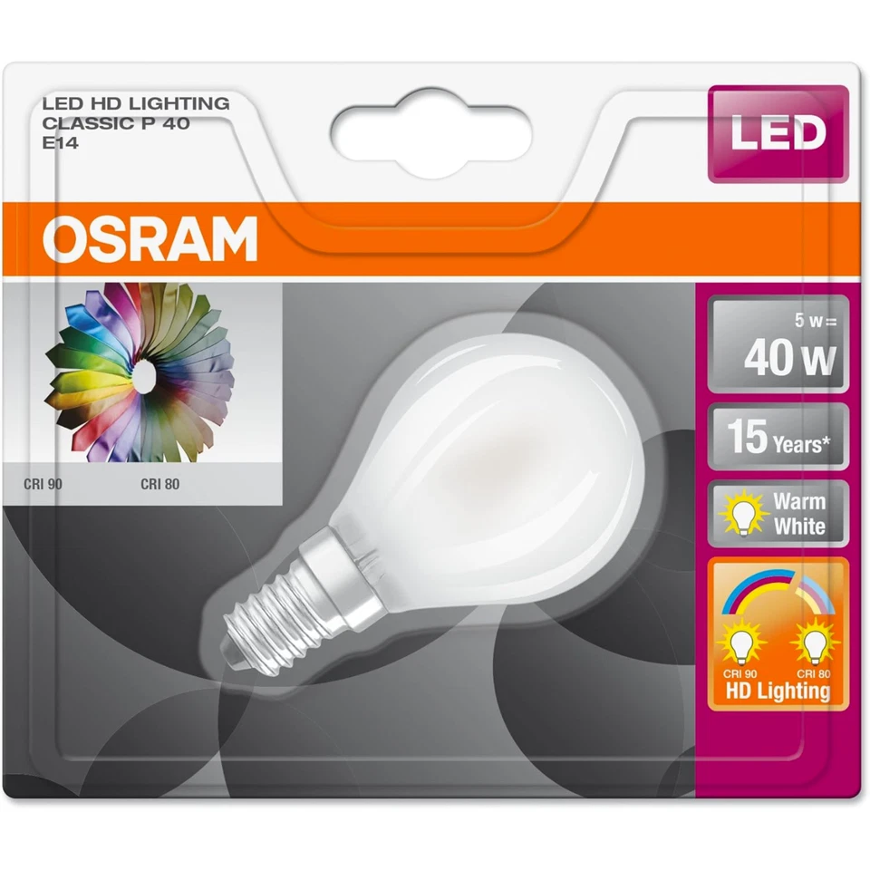 OSRAM LAMPADINA A LED ALTA DEFINIZIONE E14 40W LAMPADA LUCE CALDA VETRO SATINATO - Immagine 2 di 4