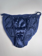 Vtg String Bikini PANTIES Liquid SATIN Second Skin Bow 6/M Dark Blue