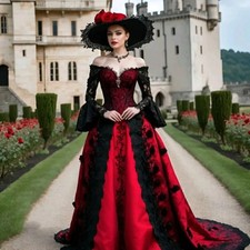 Gothic Victorian Bridal Gown Black Red Applique Lace-up Corset Wedding Dress