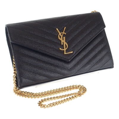 SAINT LAURENT YSL PARIS Gold Logo Chain Leather Bag Women's Black 8.8X1.5X5.5 in