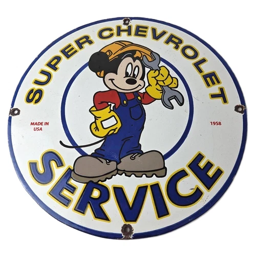 Vintage Super Chevrolet Sign - Porcelain Crossover Mickey Mouse Service Sign