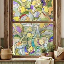 3D Stained Glass Window Film Privacy Film for Bathroom, Moonlight Tulips