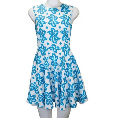 Diane Von Furstenberg Fit Flare Dress Blue White Floral Textured Cotton Size 10