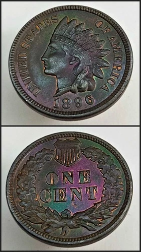 1896 Indian Head Cent Uncirculated Gorgeously Toned Purple Blue Green
