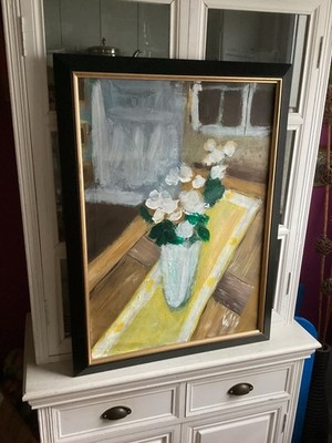 Großes Modernes Ölgemälde Stillleben Interieur art brut unleserlich signiert