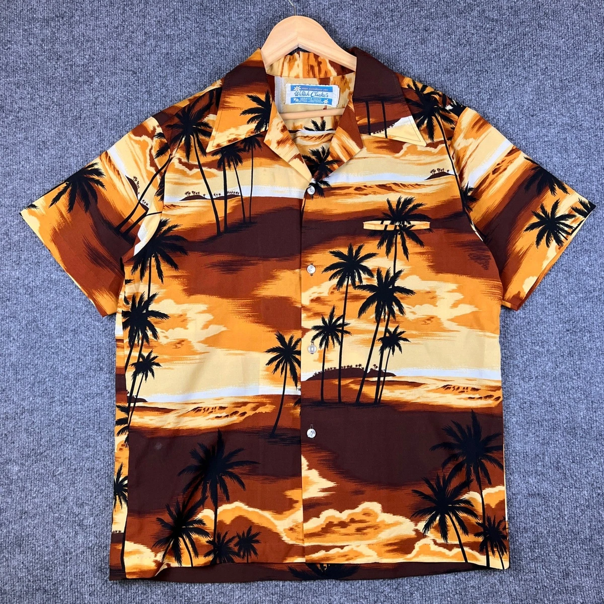 Vintage Waltah Clarke Shirt Mens L Brown Orange Hawaiian Sunset