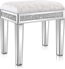 Mirrored Vanity Stool with Storage,Velvet Ottoman, Makeup Dressing Table Bench