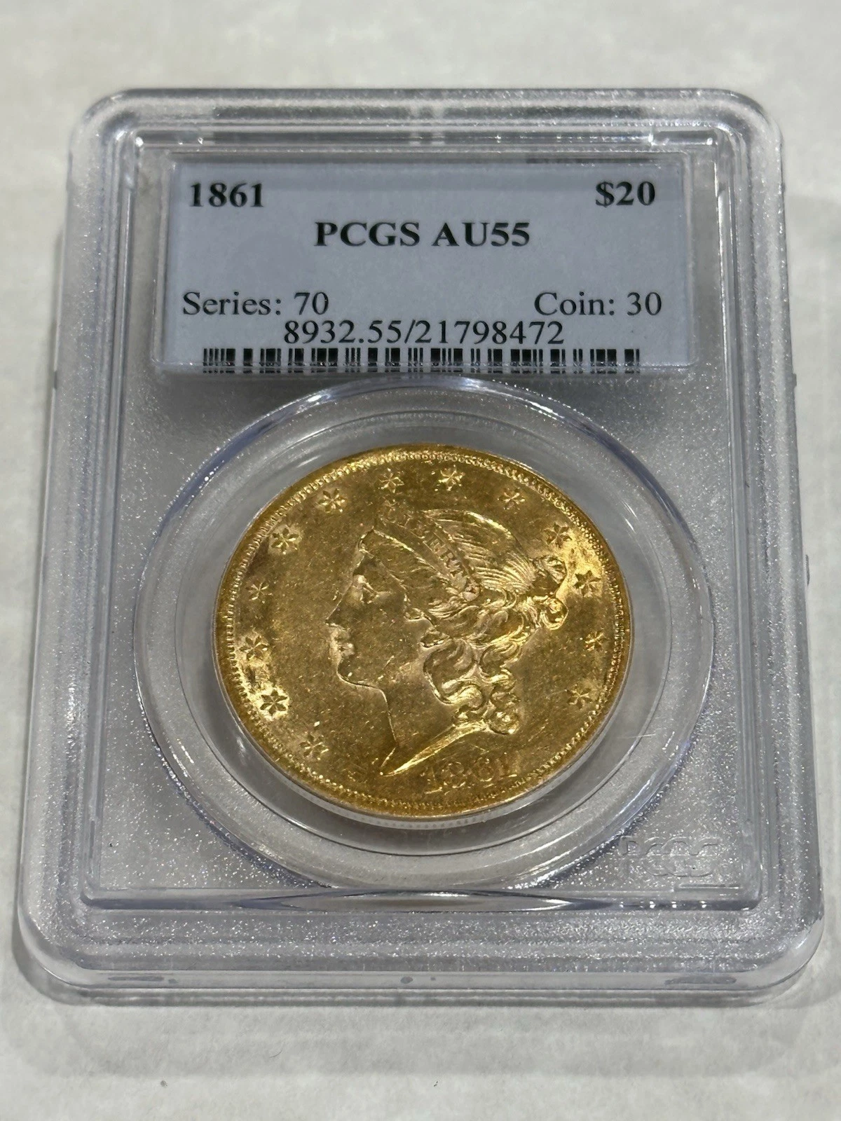 1861 $20 PCGS AU55 Liberty Double Eagle Gold Coin lustrous great appeal eyeclean