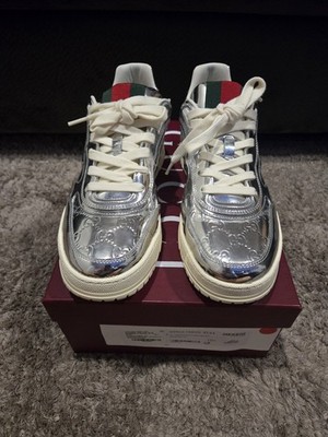 Gucci Re-Web Men s Low Top Lace Up Sneakers Silver/White Mirror, Size 10+ / 11.5